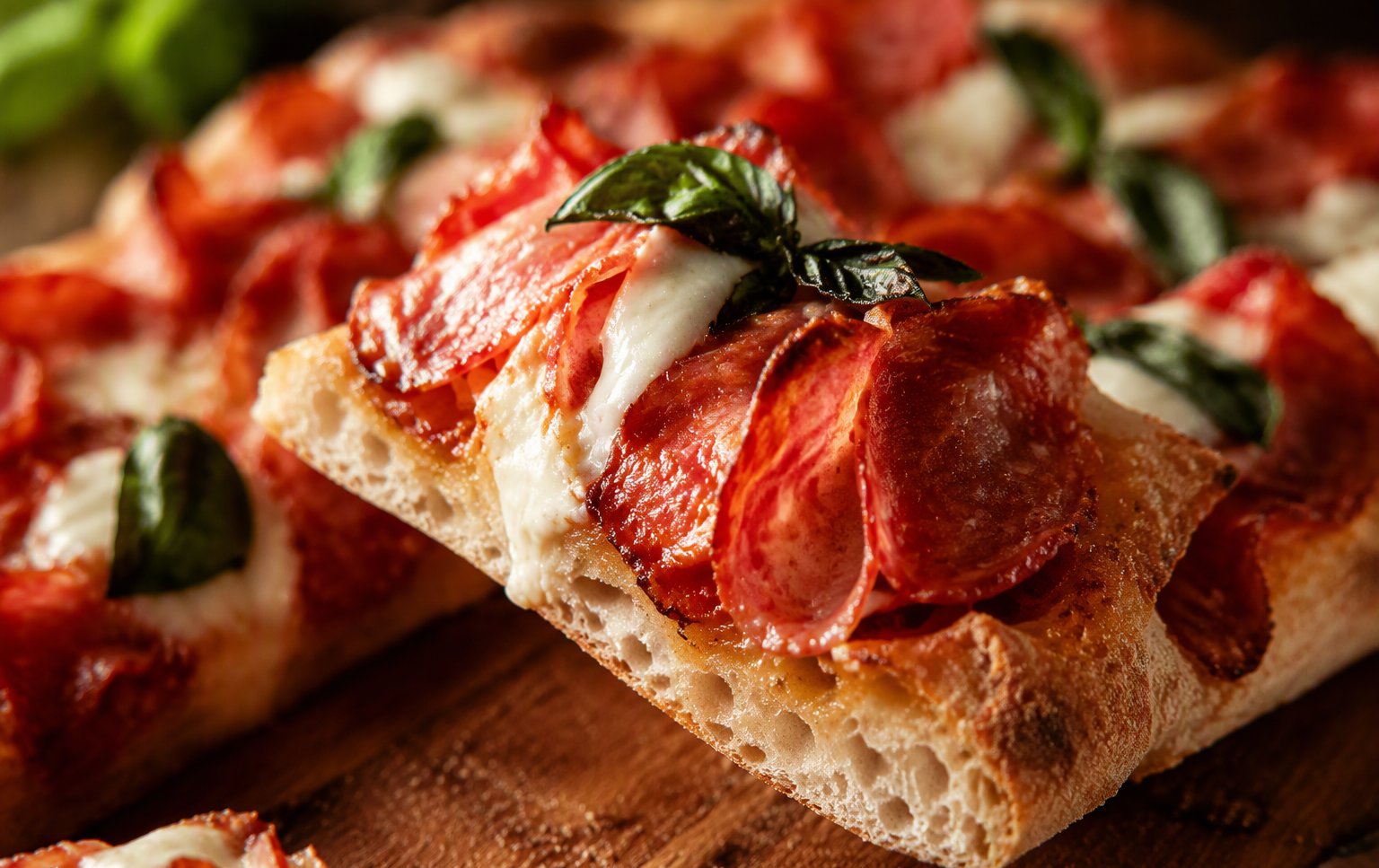 La pinsa Dolce Diavola con salame piccante e mozzarella