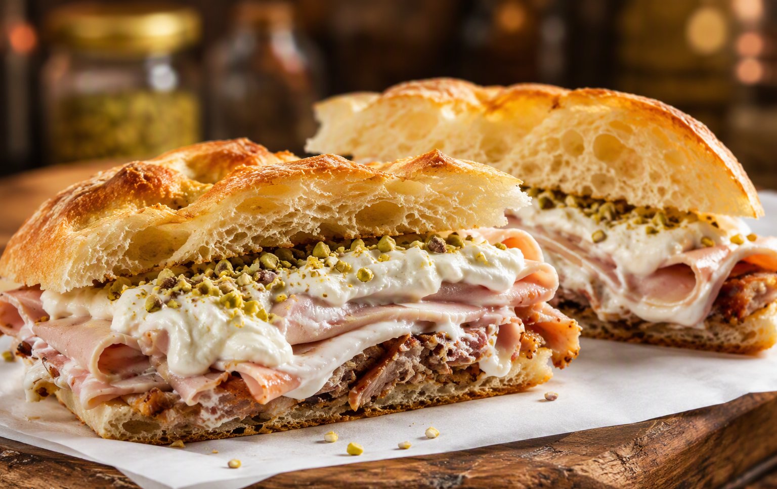 La focaccia farcita con crema fresca, salume e granella di pistacchio